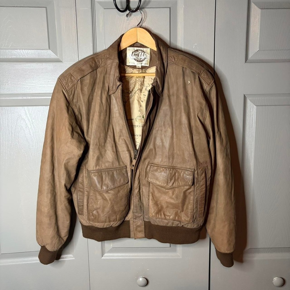 Vintage leather bomber jacket  Size M tan bomer map interior y2k preppy summer